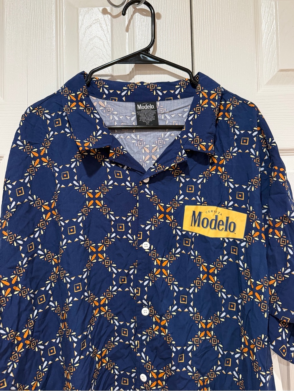 Modelo Navy Short-Sleeve Button-Down with Gold Geometric Print and Modelo Patch - Picture 2 of 6